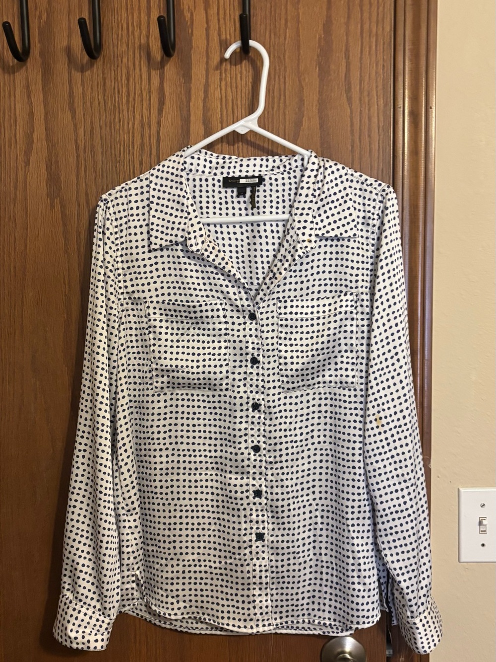 Classic White and Navy Polka Dot Button-Up Shirt
